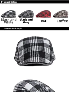 Detailed close-up of plaid beret hat fabric texture with adjustable side buckle design