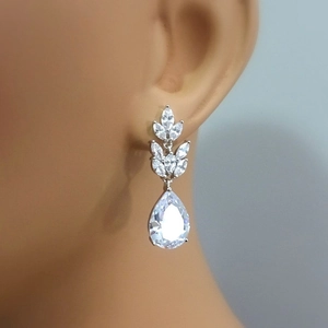 Elegant bridal pear-cut cubic zirconia drop earrings with marquise leaf accents in silver