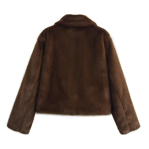 Back view detail of thick dark brown faux fur jacket with dense texture and high gloss