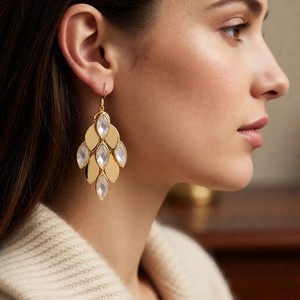 Close-up of vintage gold-plated tiered leaf earrings with clear crystals on female model