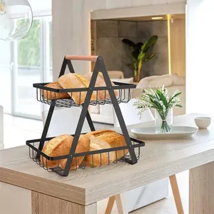 Tiered Metal Fruit Basket Kitchen Storage Organizer With Portable Wood Handle Detachable Wire Rack For Bread Snacks