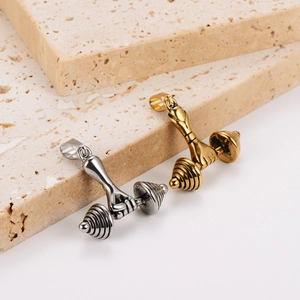 Punk style stainless steel hand holding dumbbell pendant in gold and silver finish