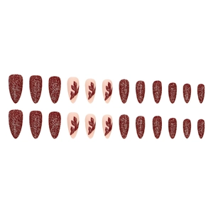 Red velvet matte glitter and leaf pattern almond press-on nails set in 24 pieces