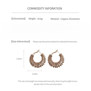 Detailed chart showing 3.5cm rhinestone hoop earrings with copper material and weight info