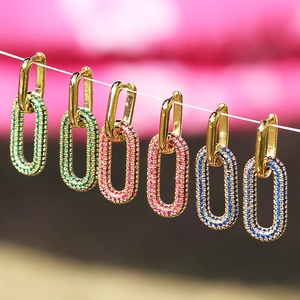 Geometric Oval Hoop Earrings Gold Plated Copper Colorful Zirconia Inlaid Fashionable Elegant Jewelry For Women