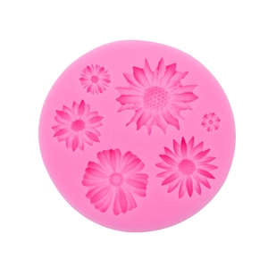 Pink sunflower silicone fondant mold with five daisy patterns for baking and DIY crafts