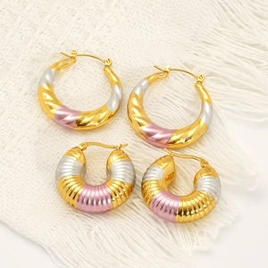 Hoop Earrings Tri-Color 18k Gold Plated 304 Stainless Steel Geometric Textured Fashion Jewelry For Women