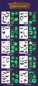 Detailed view of 10 luminous Halloween bat tattoo stickers with day and night glow effects