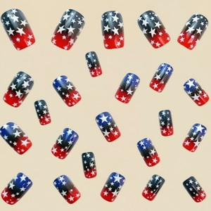 Long square press-on nails with blue and red American flag gradient and stars