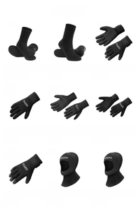 Collection of OUZO professional diving gear featuring neoprene socks, gloves, and hoods