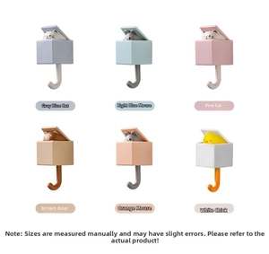 Close-up of 6 colorful cartoon animal hooks featuring pop-up cats, bears, and mice