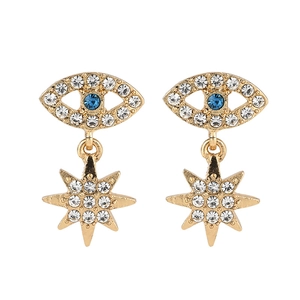 Bohemian 14k gold plated evil eye and star drop earrings with blue zircon stones