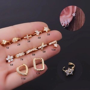 Ear Cuff Piercing Earrings Copper Cubic Zirconia Heart Flower Cross Star Geometry Tiny Punk Jewelry For Women