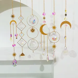 Set of 6 AB color suncatcher crystal pendants with gold sun moon and star motifs