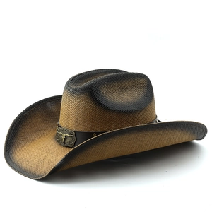 Western straw cowboy hat with bull head buckle for outdoor sun protection for men and women