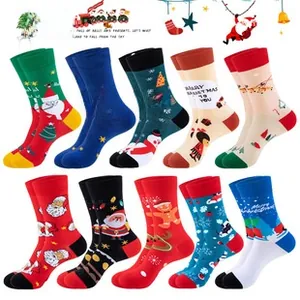 Detailed grid of assorted cotton Christmas socks with festive elk and snowman patterns