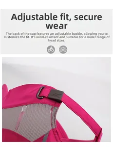 Detail of adjustable metal buckle and breathable gray mesh on pink quick-dry sports cap