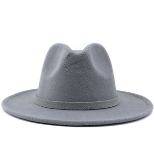 Close-up of the grey wool felt fedora hat showing textured brim and pinched crown