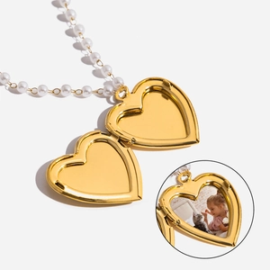 Collier Médaillon Cœur Acier Inoxydable Plaqué Or 18K Avec Fleurs Séchées Et Künstliche Perles Émail Porte Photo Romantique Femme
