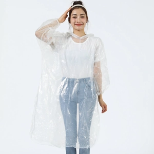 Detail of transparent disposable raincoat showing elastic cuffs and waterproof texture