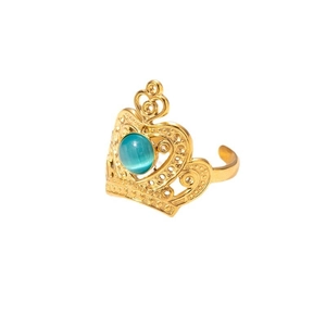 French luxury crown ring in gold titanium steel with a green oval stone and open band