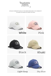 Detail showing various colors of breathable baseball caps with Santa Monica embroidery