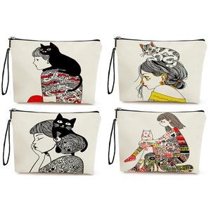 Artistic Girl And Cat Print Canvas Makeup Bag Portable Zipper Toiletry Organizer Pouch Wristlet Travel Cosmetic Case