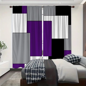 Detail of purple and black geometric block blackout curtains for modern bedroom decor