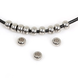 Polished silver stainless steel flat spacer beads on a black cord for DIY jewelry making