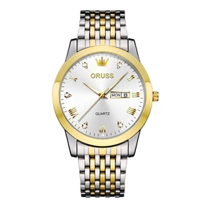 Mens business quartz watch in gold and silver stainless steel with luminous date display