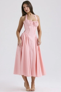 Detail of pink halter neck midi dress with boned corset waist and pleated flowy skirt