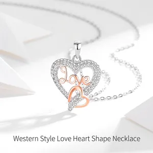 925 Sterling Silver Heart Pendant Necklace With Love Letter Two-Tone Zirconia Inlaid Cross Chain For Women Fashion Jewelry Gift