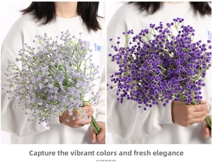 Close-up of artificial purple baby's breath gypsophila bouquets held by a person