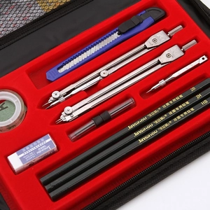 Professional drawing tool set with metal compasses and pencils in a red lined case