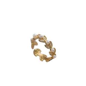 Elegant French wheat ear open ring with pearls and zircons in gold-toned metal
