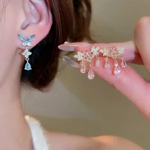 Orecchini Pendenti Con Nappine A Farfalla E Fiori Zircone Rame Gioielli Con Perno In Argento Sterling 925 Dolce Donna