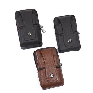 Three textured leather phone pouches in brown colors with metal snaps and zippers