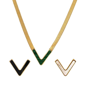 Elegant gold titanium steel V-pendant necklace with malachite and mother of pearl inlay