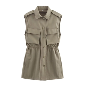 Vestito Mini Cargo Senza Maniche Da Donna Khaki Twill Lavato Colletto A Camicia Monopetto Tasche Con Patta