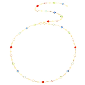 Long Y-shaped gold necklace with colorful round crystals and pearls for women