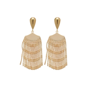 Elegant gold fan-shaped tassel earrings with vintage tiered fringe and metallic studs
