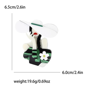 Acrylic lady brooch with white flower and hat, detailed size and weight specs