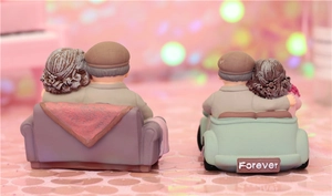 Rear view of elderly couple figurines on purple sofa and in car with Forever plate