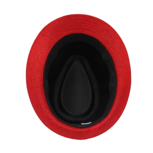 Detail view of red Trilby hat interior showing woven texture, lining, and sweatband