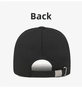 Detail view of the black baseball cap back with adjustable silver metal buckle strap