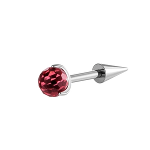 Titanium cartilage stud with a faceted red gemstone and a silver-toned cone-shaped metal end
