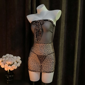 Sexy leopard print mesh tube mini dress and thong set for adult roleplay parties