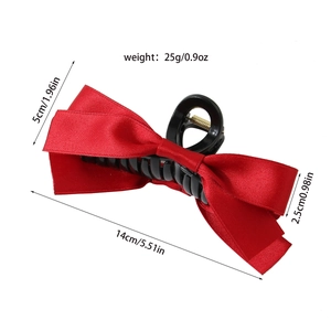 Red satin bow hair claw clip with measurements, 5.5 inch large shark hair accessory for women
