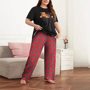 Pigiama Da Donna Taglie Forti Top A Maniche Corte Con Stampa Orso E Pantaloni Lunghi A Quadri Loungewear Poliestere Elastan