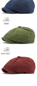 Three colors of herringbone pattern newsboy caps in blue, green and wine red wool blend